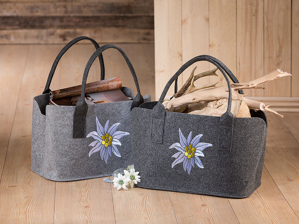 773 Einkaufs Tasche Filz Edelweiß/anthrazit gestickt quer  